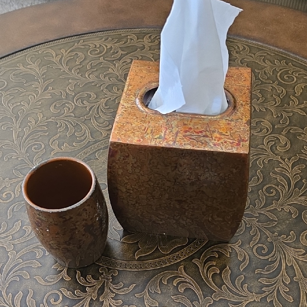 Marbled Copper Metal Decorative Tissue Box Cover & Cup Set